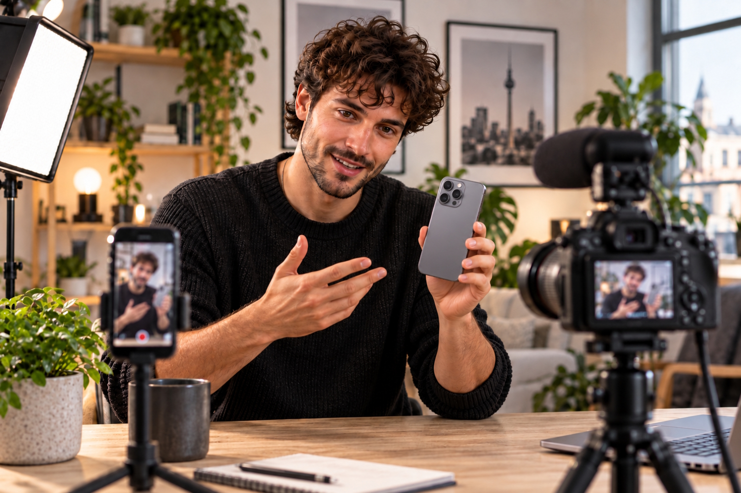 Creator produziert Content mit Kamera, Smartphone und Studiolicht