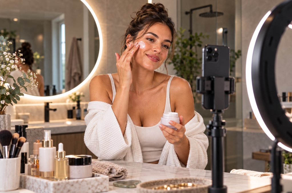 Beauty-Creatorin filmt eine Produktanwendung am Spiegel